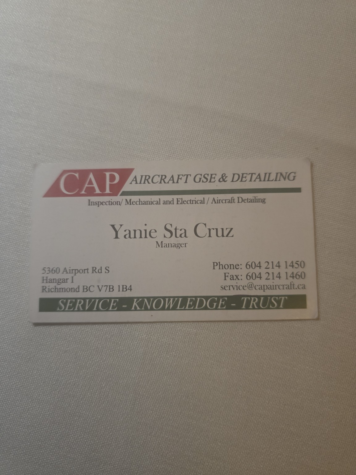 CAP Aircraft Ltd. business card showing contact information and service tagline